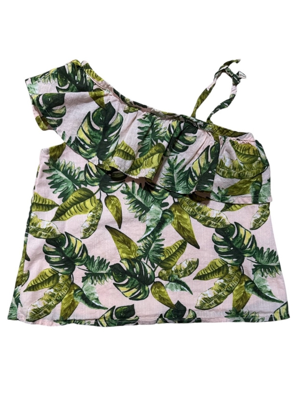 Janie and Jack Girls 2T Tropical Leaf One Shoulder Ruffle Top 100% Cotton Pink